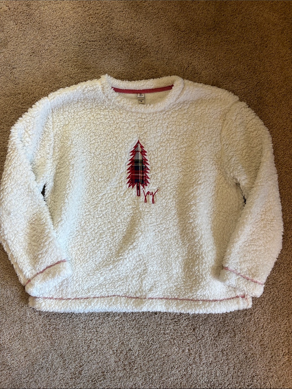 Cozy White Sherpa Sweater with Red Plaid Tree Embroidery